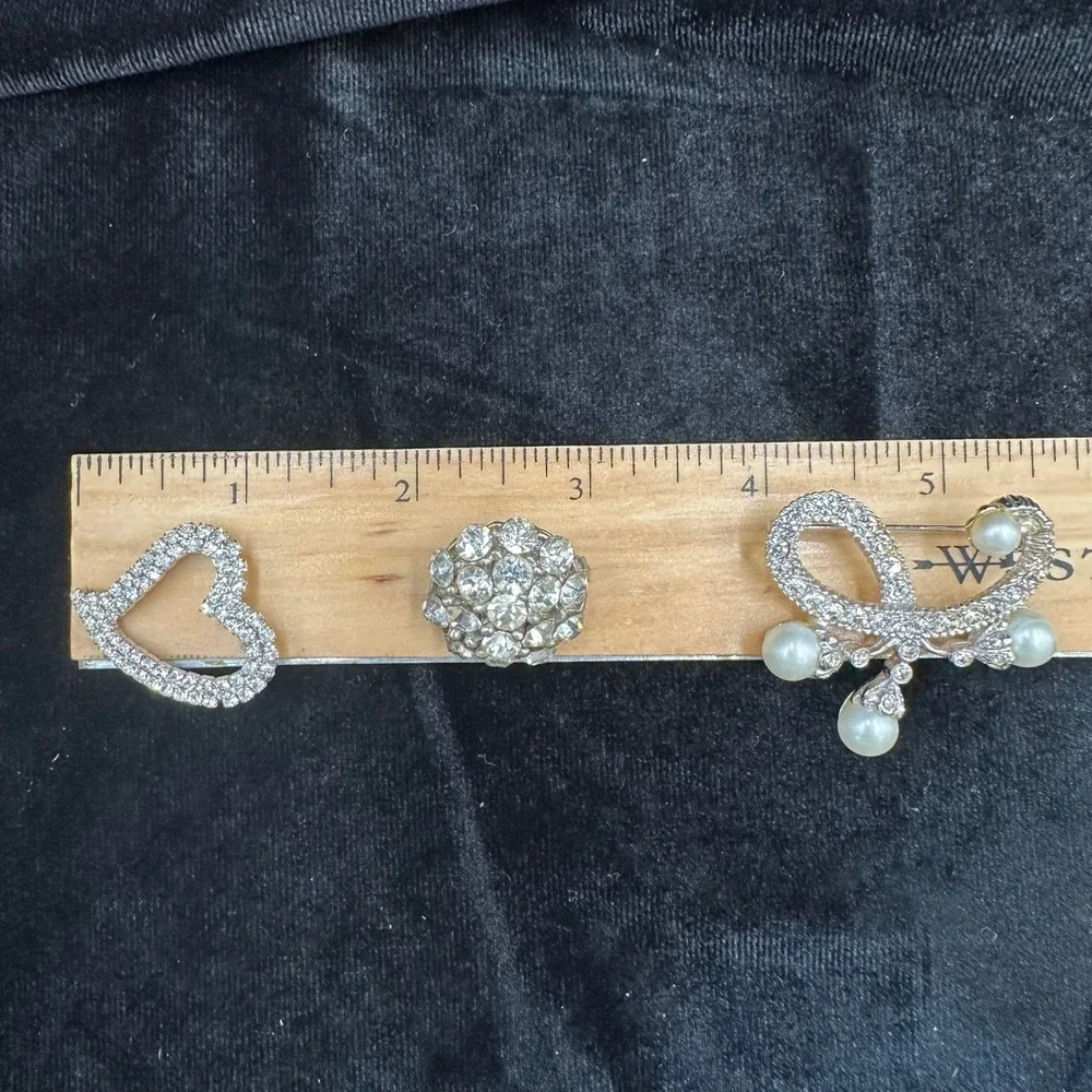 Rhinestone Brooch Set 3 Rhinestone Heart Bow Silver Tone Faux Pearl Wedding Pin